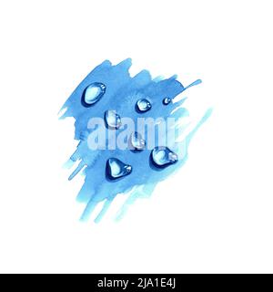 Realistische Wassertropfen und Spritzer auf blauer abstrakter Oberfläche isoliert auf weiß. Handbemaltes Aquarell. Kann als Designelement verwendet werden Stockfoto