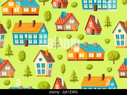 Nahtloses Muster mit niedlichen Häusern und Bäumen.. Land bunte Hütten Hintergrund. Stock Vektor