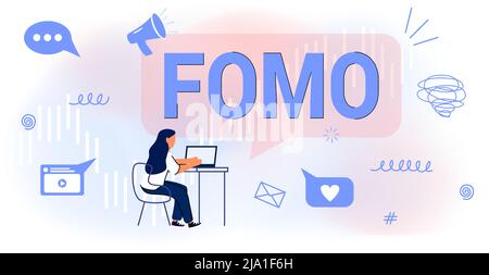 FOMO Angst vor dem Verfehlen Vektor-Illustration Konzept Soziale Angst Ursache und Symptom durchdringende Besorgnis Angst abwesend bedauert Gesetz der Anziehung P Stock Vektor