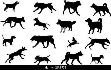 Gruppe von Hunden verschiedenen Rassen. Schwarze Hundehüsse. Laufen, Stehen, Gehen, springende Hunde. Isoliert auf weißem Hintergrund. Haustiere. Vektor-Illus Stock Vektor