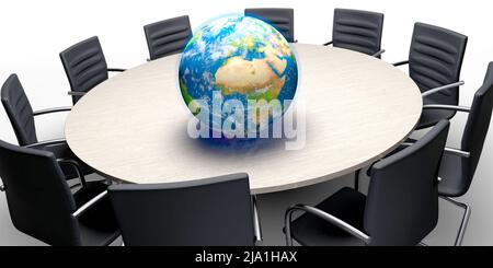 Klimakonferenz - Globus am Konferenztisch Tisch mit Stühlen Stockfoto