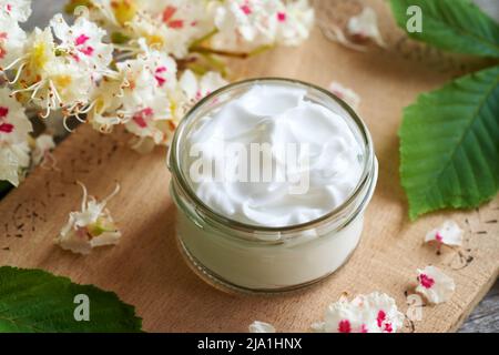 Creme oder Salbe aus frischen Rosskastanienblüten im Frühjahr Stockfoto