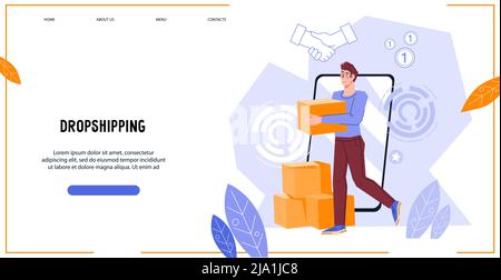 Dropshipping Geschäftsprozess Website Banner-Vorlage mit Geschäftsmann Überprüfung der Bestellung vor dem Senden an Kunden, flache Vektor-Illustration. Dropshippi Stock Vektor