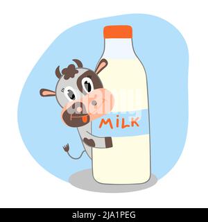 Weltmilchtag. Eine niedliche Kuh hält eine Flasche Milch in der Hand. Juni 1, Urlaub. Gesunde Ernährung. Logo, Etikett, Abzeichen oder Design. Vektorgrafik. Stock Vektor