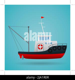 Schlepper. Fischerschiff. Cartoon-Stil. Lustiges Bild Vektor-Illustration Stock Vektor