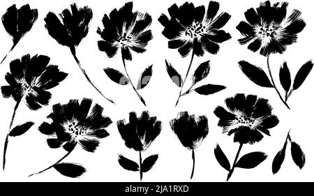 Mohnblumen und Pfingstrosen handgezeichnetes Vektorset. Stock Vektor