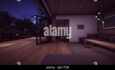 Wohnzimmer am modernen Holzhaus in der Nacht Naturansicht 3D Illustration Stockfoto