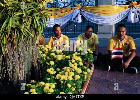 Bangkok, Thailand. 05.. Mai 2019. Unterstützer in gelben und schwarzen Kleidern warten auf die königliche Prozession von König Maha Vajiralongkorn. Auf den Straßen Bangkoks standen Menschen, um die Krönung des Königs Vajiralongkorn zu feiern, der nach dem Tod seines Vaters, König Bhumibol Adulyadej, mehr als zwei Jahre nach seiner Thronbesteigung in einer religiösen Zeremonie gekrönt wurde. (Foto von Eduardo Leal/SOPA Images/Sipa USA) Quelle: SIPA USA/Alamy Live News Stockfoto