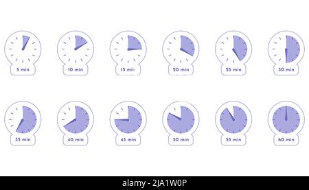 Timer-Uhr Stoppuhr 5 Minuten bis 1 Stunden isoliert Symbole einstellen Beschriftung Garzeit Vektorgrafik Beschriftung Messung der Garzeit und mehr Stock Vektor
