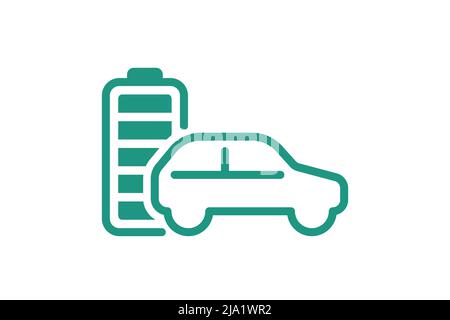 Elektroauto mit vollständig aufgeladenem Batterieenergieanzeige, grünes lineares Symbol. Symbol für Akkuladegerät für den elektrischen Transport. Vollladeautomatik für Elektroenergie. Schild für umweltfreundliche Fahrzeugaufladung Stock Vektor