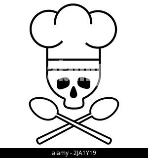 Totenkopf-Koch in Kochmütze mit gekreuzten Löffeln. Logo, Symbol. Schwarz-Weiß-Zeichnung. Vektorgrafik Stock Vektor