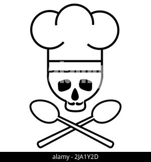Totenkopf-Koch mit Schnurrbart im Hut des Küchenchefs mit gekreuzten Löffeln. Logo, Symbol. Schwarz-Weiß-Zeichnung. Vektorgrafik Stock Vektor