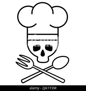 Totenkopf-Koch in Kochmütze mit gekreuzten Löffel und Gabel. Logo, Symbol. Schwarz-Weiß-Zeichnung. Vektorgrafik Stock Vektor