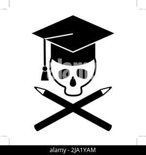 Schädel in Kappe von Graduate und gekreuzten Bleistiften.. Schwarzweiß-Bild. Vektorgrafik Stock Vektor