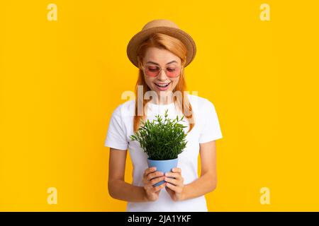 Fröhliche junge Frau mit Topfpflanze. Isolierter gelber Hintergrund, Nahaufnahme im Hochformat. Pflanzenpflege und Hausgartenarbeit. Frau pflanzt Blumen in den Topf. Stockfoto