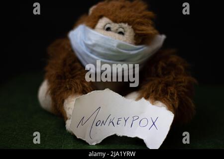Masked Monkey Spielzeug halten Tag mit monkeypox Stockfoto