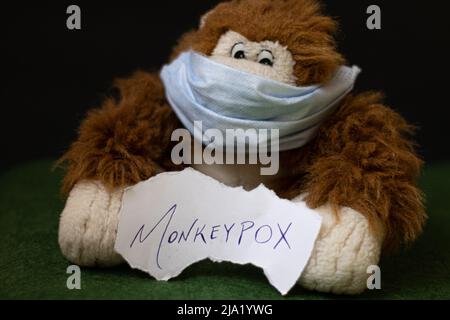 Masked Monkey Spielzeug halten Tag mit monkeypox Stockfoto