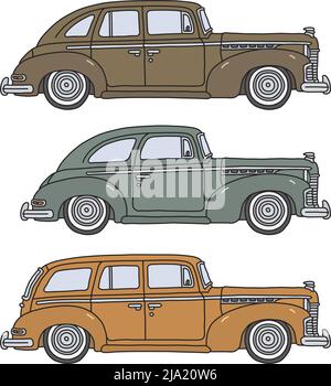 Die vektorisierte Handzeichnung von drei großen Retro-Personenkraftwagen Stock Vektor