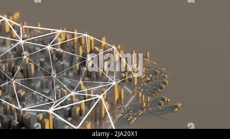 Moderne, futuristische Smart City. Internet, dezentrales Netzkonzept. Abstrakter Hintergrund. Digital 3D-Rendering. Stockfoto