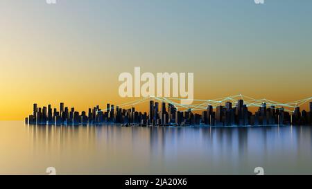 Moderne, elegante Skyline der Stadt bei Sonnenuntergang. Internet, dezentrales Netzkonzept. Abstrakter Hintergrund. Digital 3D-Rendering. Stockfoto