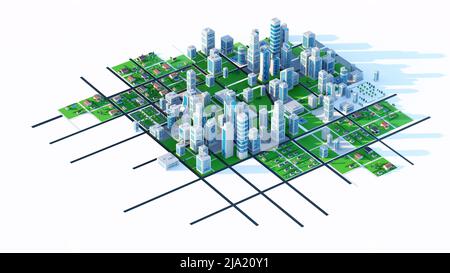 Saubere, moderne Stadt mit hohen Gebäuden, Parks und Grünflächen. Digital 3D-Rendering. Stockfoto