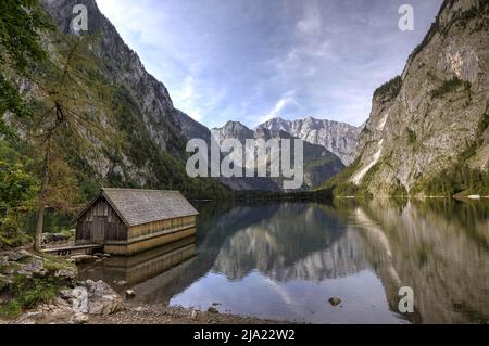 Blick auf Watzman vom Obersee nahe Königssee, Berchtesgaden, Bayern, Deutschland Stockfoto