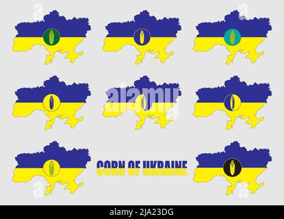 Set von Ikonen von Maiskolben auf der Karte der Ukraine in den Farben der Nationalflagge. Inschrift Mais der Ukraine. Abbildung. Stockfoto