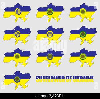 Set von Sonnenblumen-Ikonen auf der Karte der Ukraine in den Farben der Nationalflagge. Die Inschrift Sonnenblume der Ukraine. Abbildung. Stockfoto