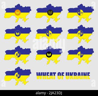 Set von Weizen-Ikonen auf der Karte der Ukraine in den Farben der Nationalflagge. Inschrift Weizen der Ukraine. Abbildung. Stockfoto