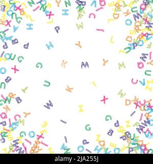Fallende Buchstaben der englischen Sprache. Bunte Skizze fliegende Wörter des lateinischen Alphabets. Fremdsprachen Studienkonzept. Charmantes Back to School Banner auf weißem Hintergrund. Stock Vektor