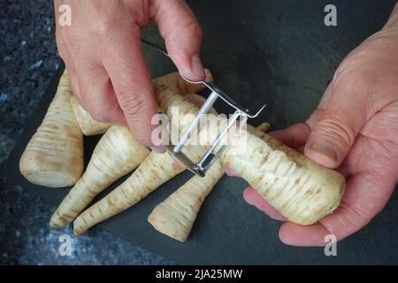 Schwäbische Küche, Zubereitung Petersilienwurzel (Petroselinum crispum subsp. Tuberosum) geschält, Gemüseschäler, Wintergemüse, traditionell Stockfoto