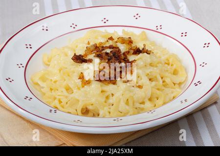 Schwäbische Küche, Kaesspätzle mit geschmorten Zwiebeln, Kaespatzen auf einem Teller, handgeschabter Spätzle, traditionelle Küche, Food Photography Stockfoto