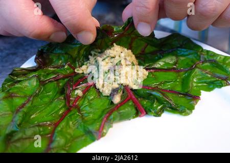 Schwäbische Küche, Bietigheimer Laubfrösche in Paprikasoße zubereiten, gefüllte Mangold-Blätter aufrollen, vegane Füllung, Teller, traditionelle Küche Stockfoto