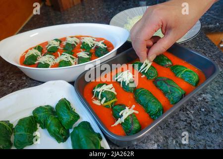 Schwäbische Küche, Bietigheimer Laubfrösche in Paprikasoße, Sauce, gefüllte Mangold Blätter in Paprikasoße werden mit Käse bestreut, geriebt Stockfoto