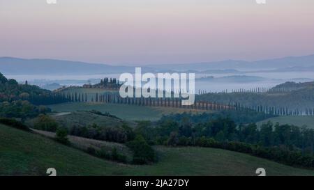 Sonnenaufgang mit Nebel in hügeliger Landschaft, Crete Senesi, Provinz Siena, Toskana, Italien Stockfoto