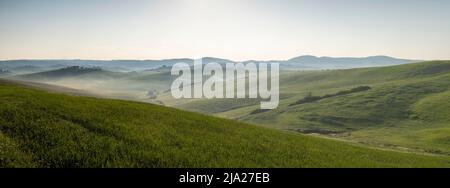 Sonnenaufgang mit Nebel in hügeliger Landschaft, Crete Senesi, Provinz Siena, Toskana, Italien Stockfoto