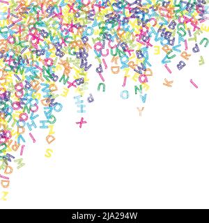 Fallende Buchstaben der englischen Sprache. Bunte Skizze fliegende Wörter des lateinischen Alphabets. Fremdsprachen Studienkonzept. Makelloses Back to School Banner auf weißem Hintergrund. Stock Vektor