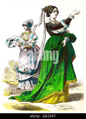 München Bilderbogen, Kostüme, Anfang des 16.. Jahrhunderts, deutsche Patrizierin, elegant, Robe, Schmuck, zwei Personen, Porträt, farbige historische Stockfoto