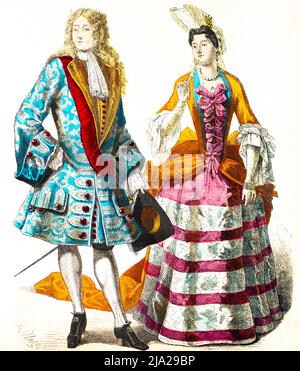 Münchener Bilderbogen, Herr Dame vom Hofe Ludwig XIV, Robe, zwei Personen, Portraet, historische Illustration 1890, Kostueme, Beginn 18. Stockfoto