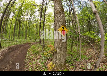 Ein Stoppschild Posted on Baum auf ATV und Dirtbike Mehrzweck- oder Mehrzweckpfad in Simcoe County Stockfoto