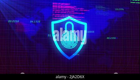 Bild eines digitalen Schildes mit Vorhängeschloss auf blauem Hintergrund mit Weltkarte Stockfoto