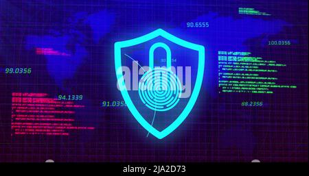 Bild eines digitalen Schildes mit Vorhängeschloss auf blauem Hintergrund mit Weltkarte Stockfoto