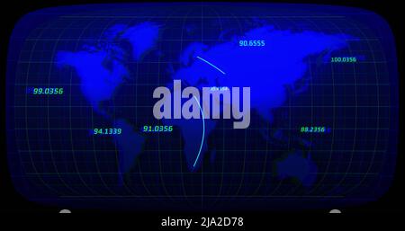 Bild von Zahlen und Verbindungen auf blauem Hintergrund mit Weltkarte Stockfoto