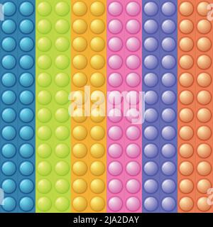Nahtloses Muster mit trendigen Spiel Pop it, einfache Grübchen. Regenbogen-Fidget-Spielzeug. Farbenfroher Anti-Stress-Hintergrund. Doodle-Stil. Blasen knallen quadratisch Stock Vektor
