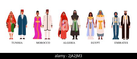 Flache Symbole mit Figuren, die afrikanische Nationalkostüme tragen, isolierte Vektorgrafik Stock Vektor
