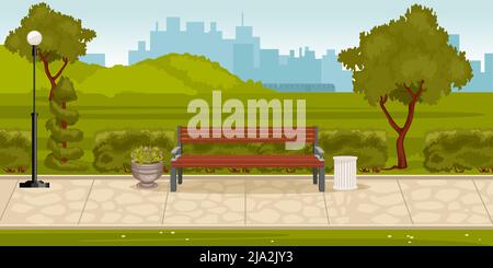 Park Komposition mit Outdoor-Landschaft des Stadtparks mit grünen Hügeln Lane mit Bank und Stadtbild Vektor-Illustration Stock Vektor