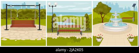 Park Elements Designkonzept mit quadratischen Kompositionen aus Stadtbild und Parkstraßen mit Bank- und Brunnenvektordarstellung Stock Vektor