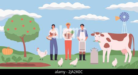 Farm Landschaft flachen Hintergrund mit Hühnern Kuh und glückliche Landwirte halten Eier Korb mit Ernte Dose Milch Vektor-Illustration Stock Vektor