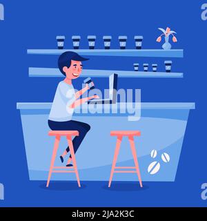 Junger Mann Freiberufler arbeitet mit seinem Laptop in Café-Bar Cartoon-Komposition blau Innenraum Hintergrund Vektor-Illustration Stock Vektor