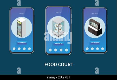 Food Court Elements 3 isometrische Smartphone-Bildschirme mit Getränken Erfrischungen Süßigkeiten Kaffee Bar heiße Gerichte Vektor-Illustration Stock Vektor